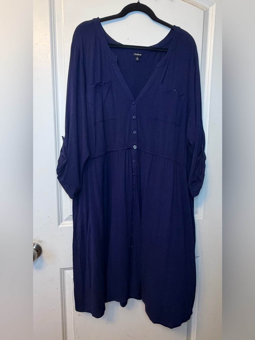 Torrid Navy Button-Front V-Neck 3/4 Sleeve Tunic Dress